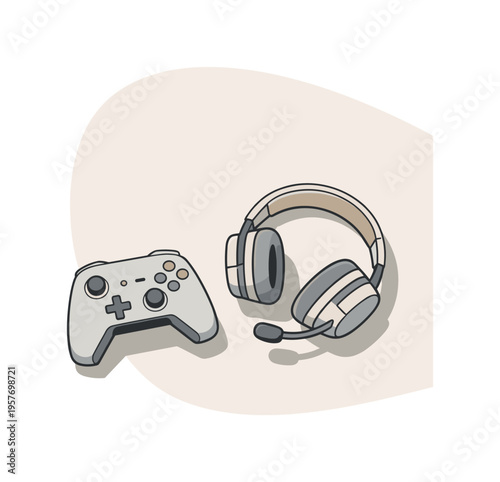 Gaming controller and headset on a neutral background, perfect for gaming content