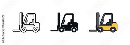 Set of forklift icons in outline, solid black, and color styles