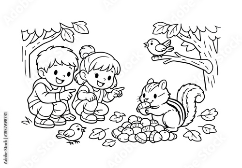 Children watching a chipmunk collecting a stash of nuts, smiling and pointing, trees, leaves, and friendly birds around, black