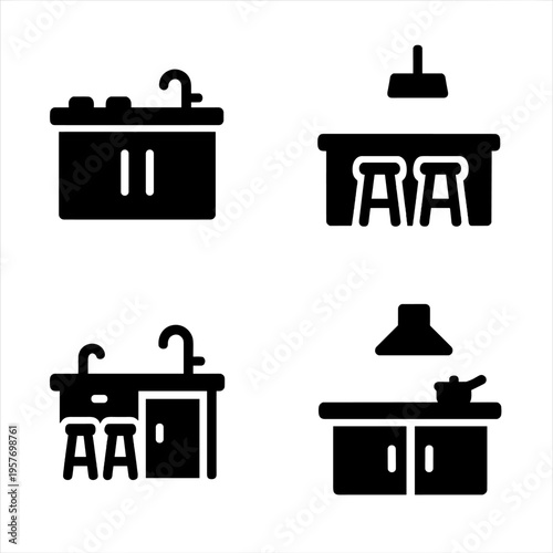 Modern kitchen icon set with stoves, sinks, and cabinets in black silhouette