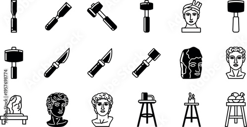 A collection of black and white icons depicting sculpting tools and statues