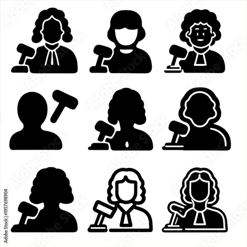 Diverse judge icons - black and white outline style for legal and justice themes