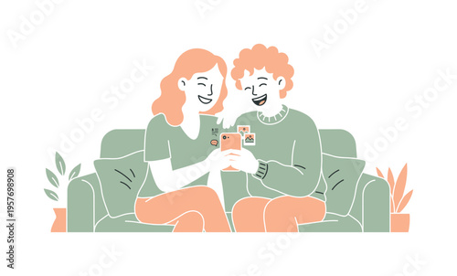 Friends laughing softly while browsing phone content together, friendly proportions and easy interaction highlighting