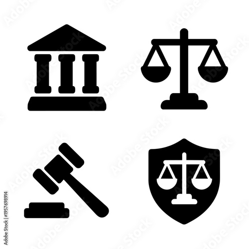 Legal icons set: courthouse, scales, gavel, and justice shield