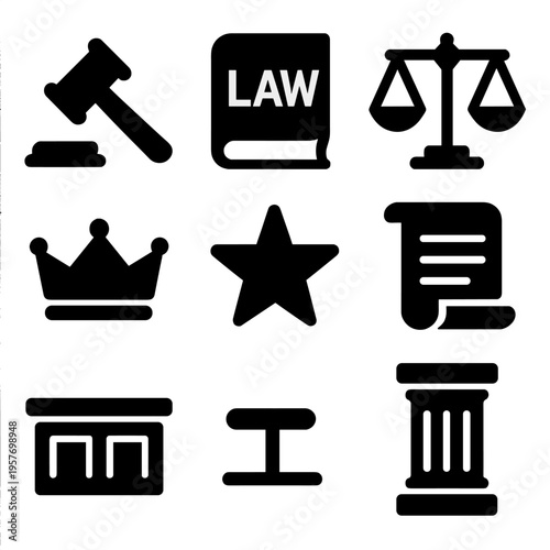 Legal icons collection featuring gavel, law book, and scales of justice