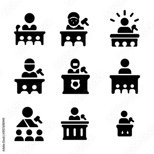 Set of judge and speaker icons with podiums in black silhouette style