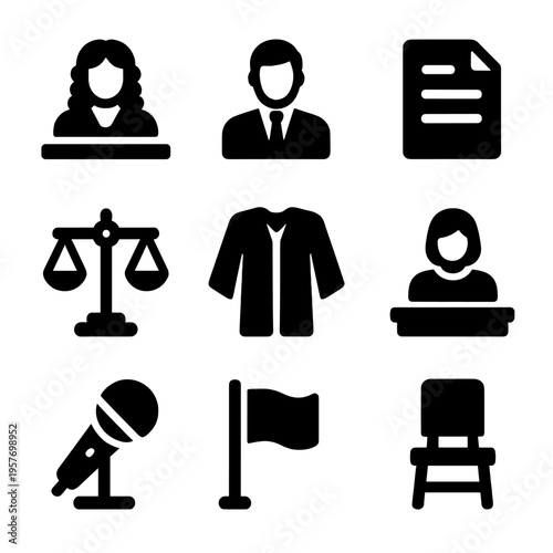 Legal system icons: judge attorney courtroom balance document microphone flag chair