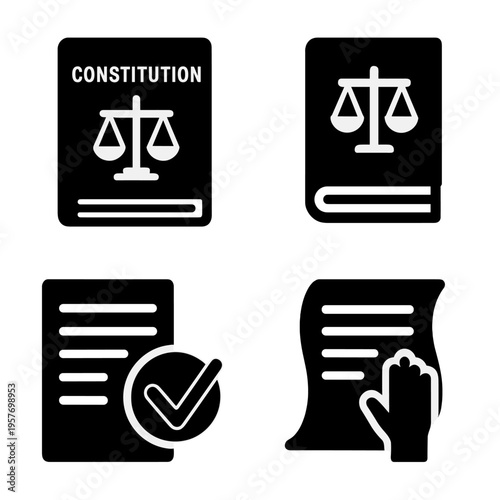 Constitution and justice icons with scales, checklist, and oath symbols