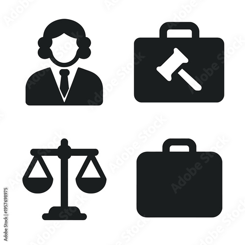 Legal symbols: lawyer, gavel, scales, and briefcase icons on dark background