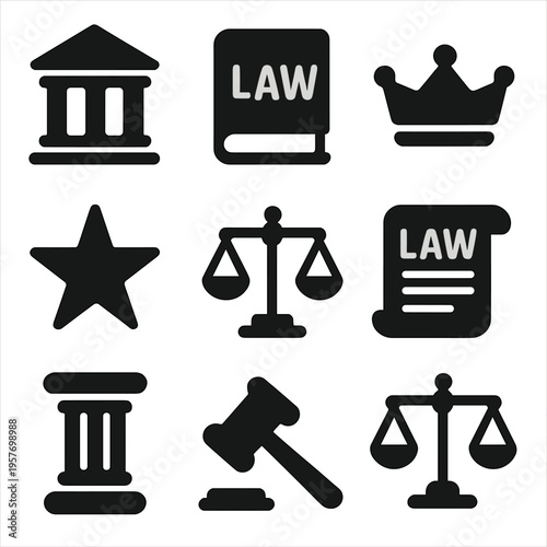 Legal and justice icons set featuring law book, gavel, and scales