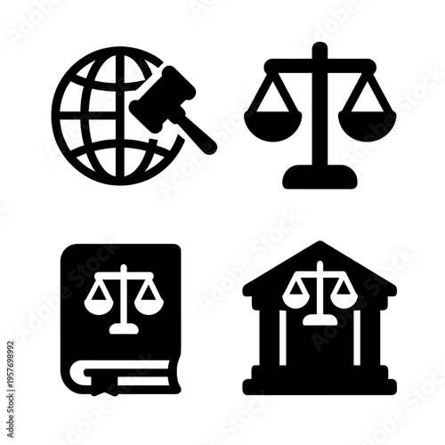 Legal icons: global justice, scales, law book, courthouse silhouettes