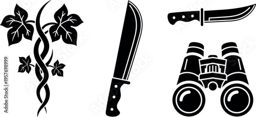 A set of black and white icons featuring various objects