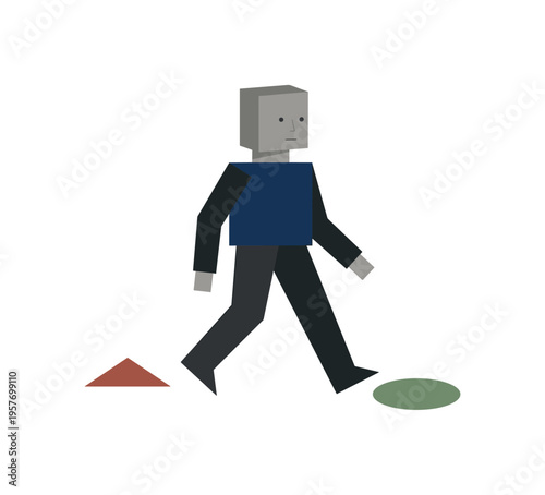 \Human evaluating possible directions integrating as body orientation aligns fully with the chosen marker, expressing commitment.