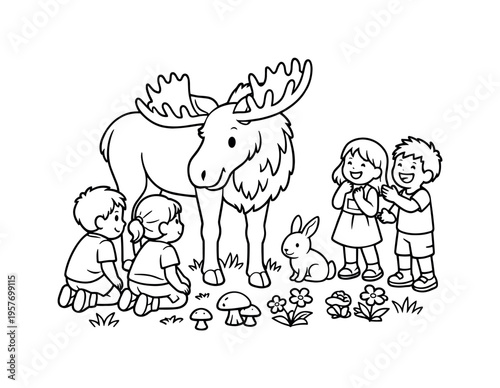 Children smile beside a large moose in a forest clearing