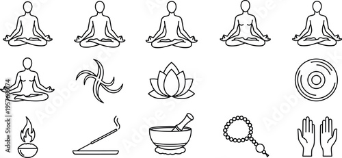 A collection of black line icons depicting various meditation and yoga symbols