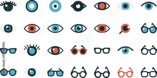 A collection of colorful eyes and glasses icons for modern design