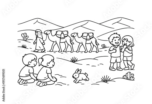 Children observe camels in desert landscape