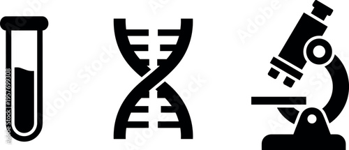 A set of scientific icons representing laboratory research and genetic study