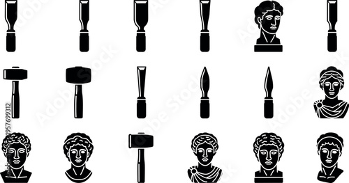 A collection of black and white illustrations of sculpting tools and busts