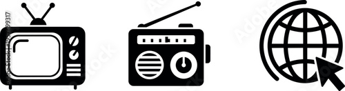 A set of black icons representing media and global communication tools