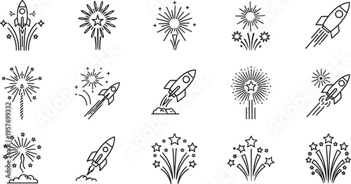 A collection of black line icons depicting rockets and fireworks exploding in space