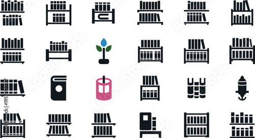 A collection of various warehouse and storage icons on a white background