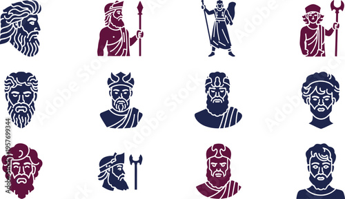 A collection of ancient Greek mythological figures in modern graphic design