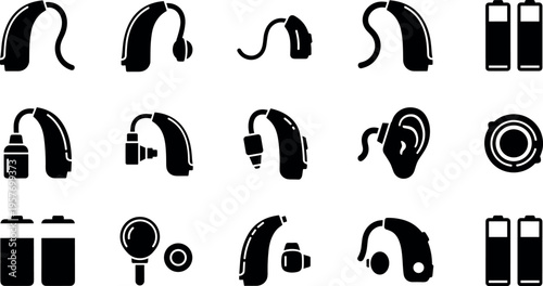 A collection of black icons depicting various audio devices and batteries