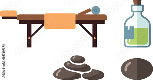 A serene spa setup with massage table and hot stones ready