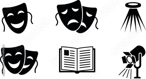 A collection of black and white theater and literature icons on a plain background