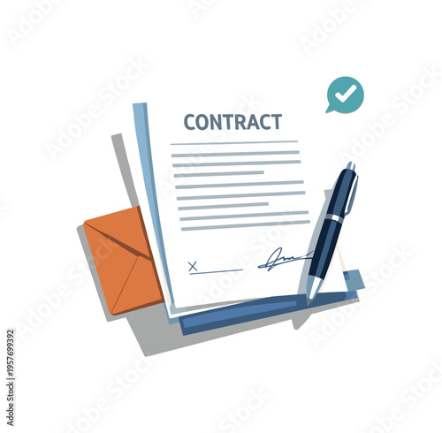 Signed contract with pen and envelope, approved with a checkmark