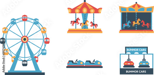 A colorful vector art pack featuring various amusement park rides and attractions