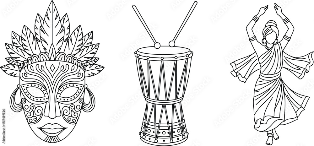 Fototapeta premium A vibrant illustration of traditional African and Indian cultural symbols and dance
