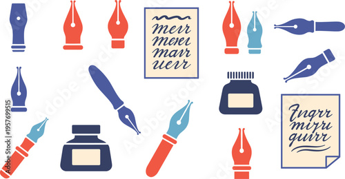 A collection of colorful fountain pens and ink bottles for writing