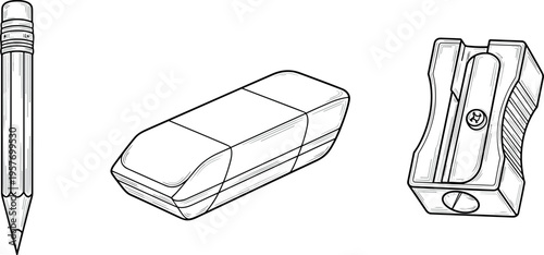 A pencil, eraser, and sharpener for office and school supplies