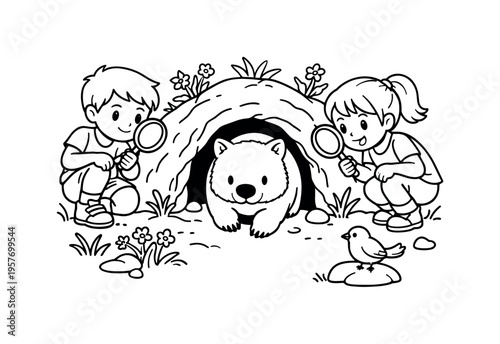 Children explore a cozy animal den with magnifying glasses