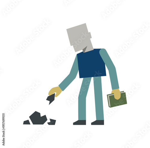Minimalist illustration of a person picking up rocks while holding a book