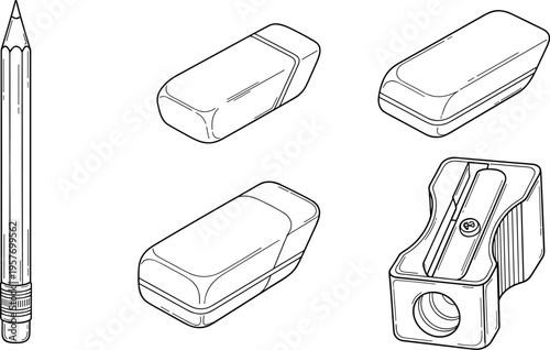 A pencil and various pencil sharpeners for office supplies