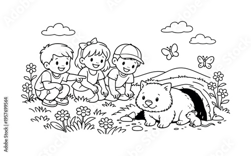 Children enjoying a sunny meadow, watching a wombat near its burrow, smiling and pointing, flowers, friendly butterflies, and a
