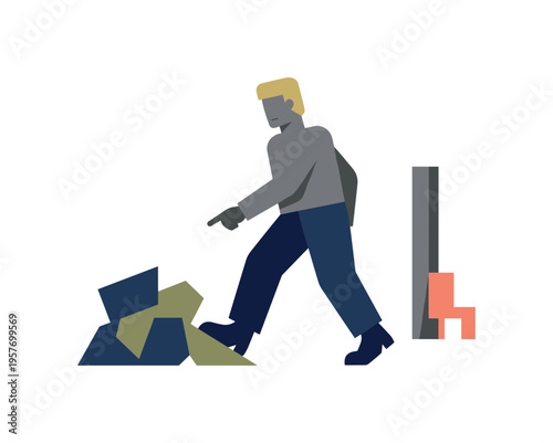 Individual stepping closer to one abstract element while keeping others visible, identifying a starting point for internal logic.