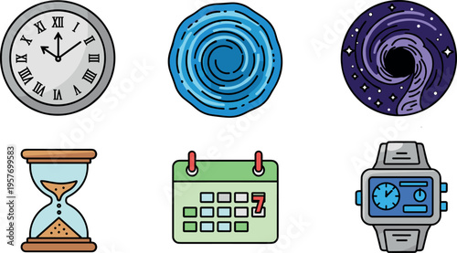 A collection of colorful time and schedule icons for business use