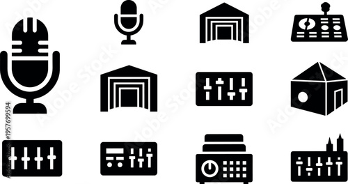 A collection of black and white icons representing audio equipment and recording studios