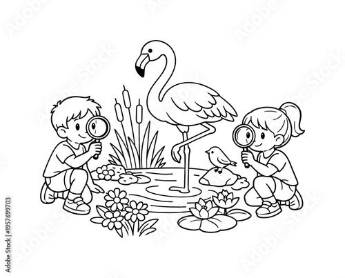 Two children observe a flamingo with magnifying glasses