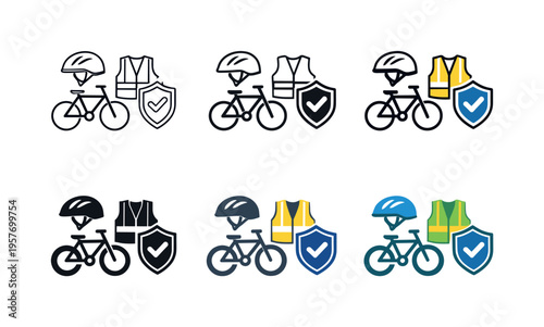 Safe commuting icon featuring a protective helmet, reflective vest, bicycle, and shield, representing personal safety,