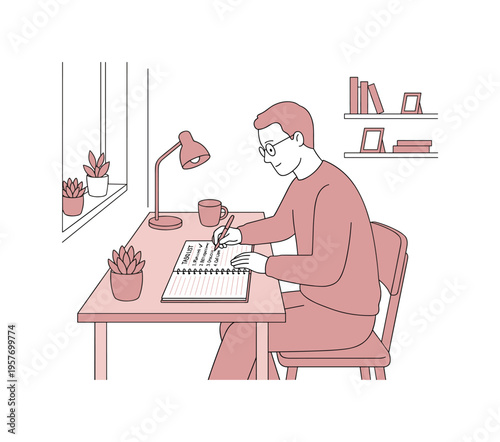 Man updating task list during calm work routine, seated at desk with notebook and pen, focused relaxed posture, minimalist flat