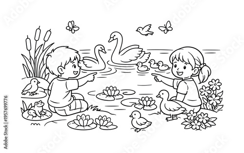 Children watching swans gliding gracefully on a lake, smiling and pointing, water lilies, reeds, flowers, and friendly birds