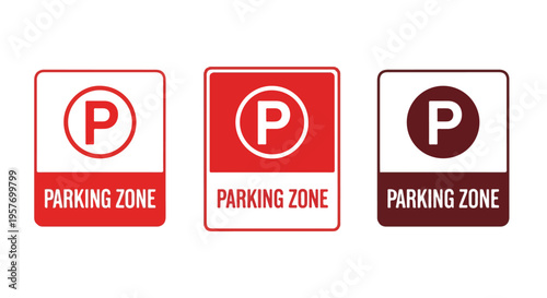 Three different colored parking zone signs on a white background, with red, dark red, and brown hues, flat lay.