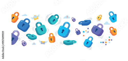 Online privacy anxiety scene sweeping across a minimal environment as locks float, rotate, and hover without settling, safety