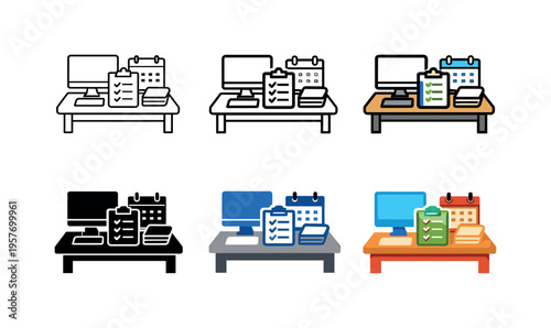 Office Task Icons Grid. Workday tasks icon depicting desks, computers, documents, calendars, and checklists representing daily