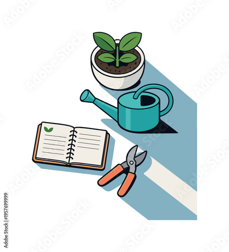 Refined contemporary plant care weekly routine concept with essential potted plant watering can notebook and pruning shears
